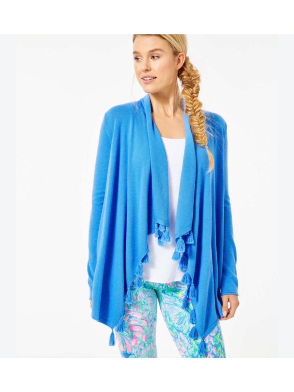 Lilly Pulitzer Cobalt Blue Fringe Open Cardigan Sweater L Luxury Designer Casual